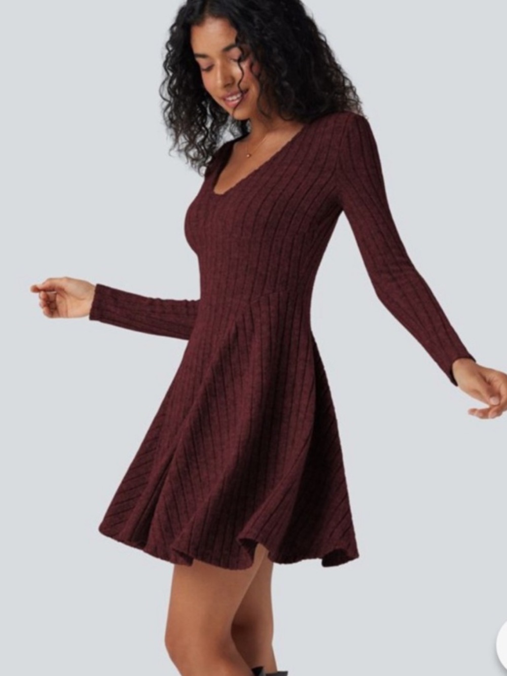 New Halara maroon ribbed knit V neck fit and flare dress - Picture 4 of 5
